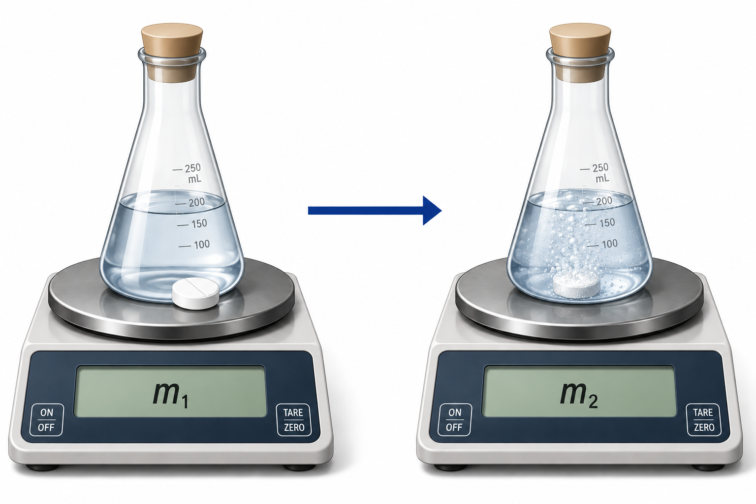 Schéma système fermé erlenmeyer — comprimé effervescent avant et après réaction