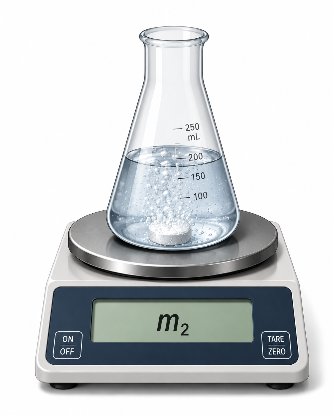 Erlenmeyer ouvert (sans bouchon) sur une balance, comprimé effervescent au fond, affichage m₂