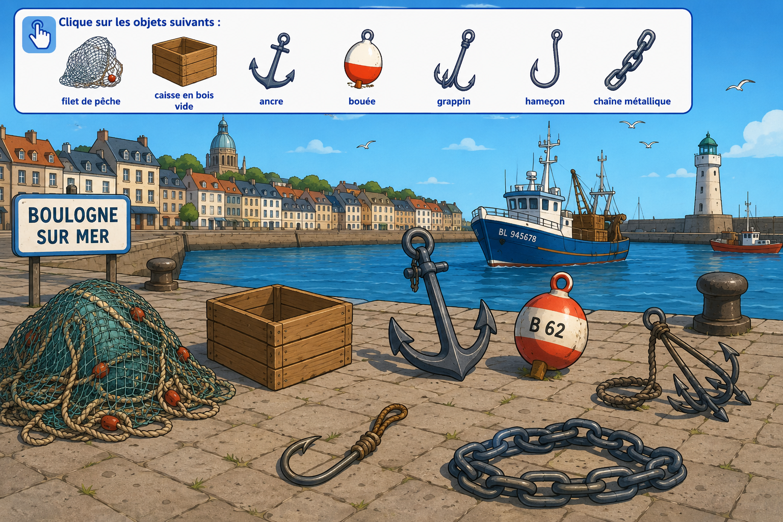 Quai de pêche à Boulogne-sur-Mer avec filet, caisse en bois, ancre, bouée, grappin, hameçon et chaîne métallique
